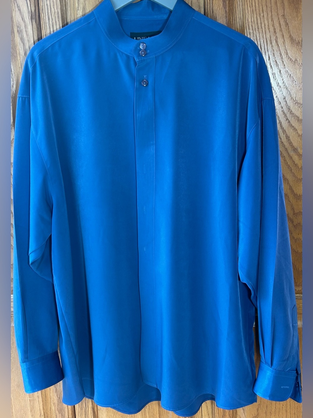 Lineage Mens Mandarin Collar Button Down Shirt Size 2X blue Oversized Minimalist